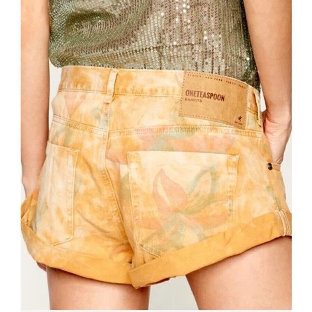 New One Teaspoon Tropical Bandits Shorts Womens 23 Mid Waist Denim Yellow - Picture 2 of 6